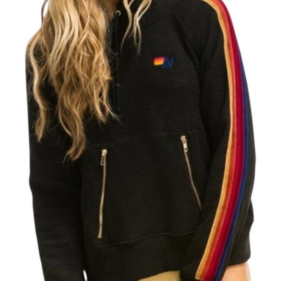 Aviator Nation Rainbow Velvet Stripe Ninja Hoodie Sz XS w/ Thumb Holes | RARE!! - Picture 3 of 15